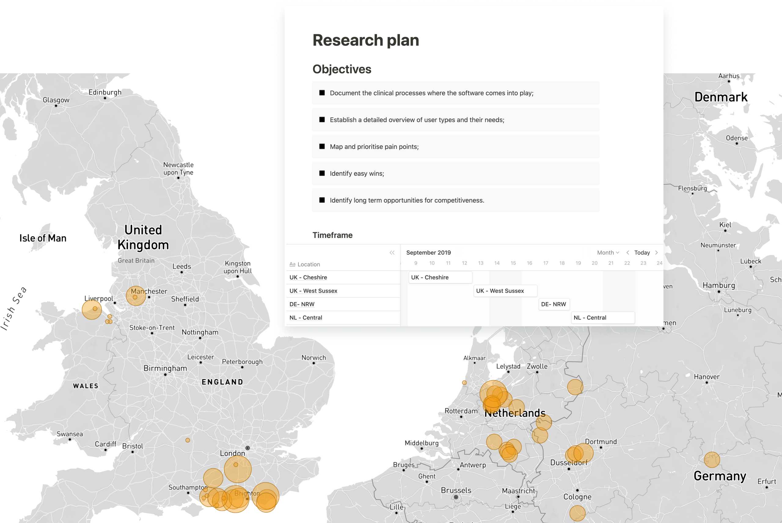 Kort over Storbritannien og Danmark med steder for brugerundersøgelser markeret