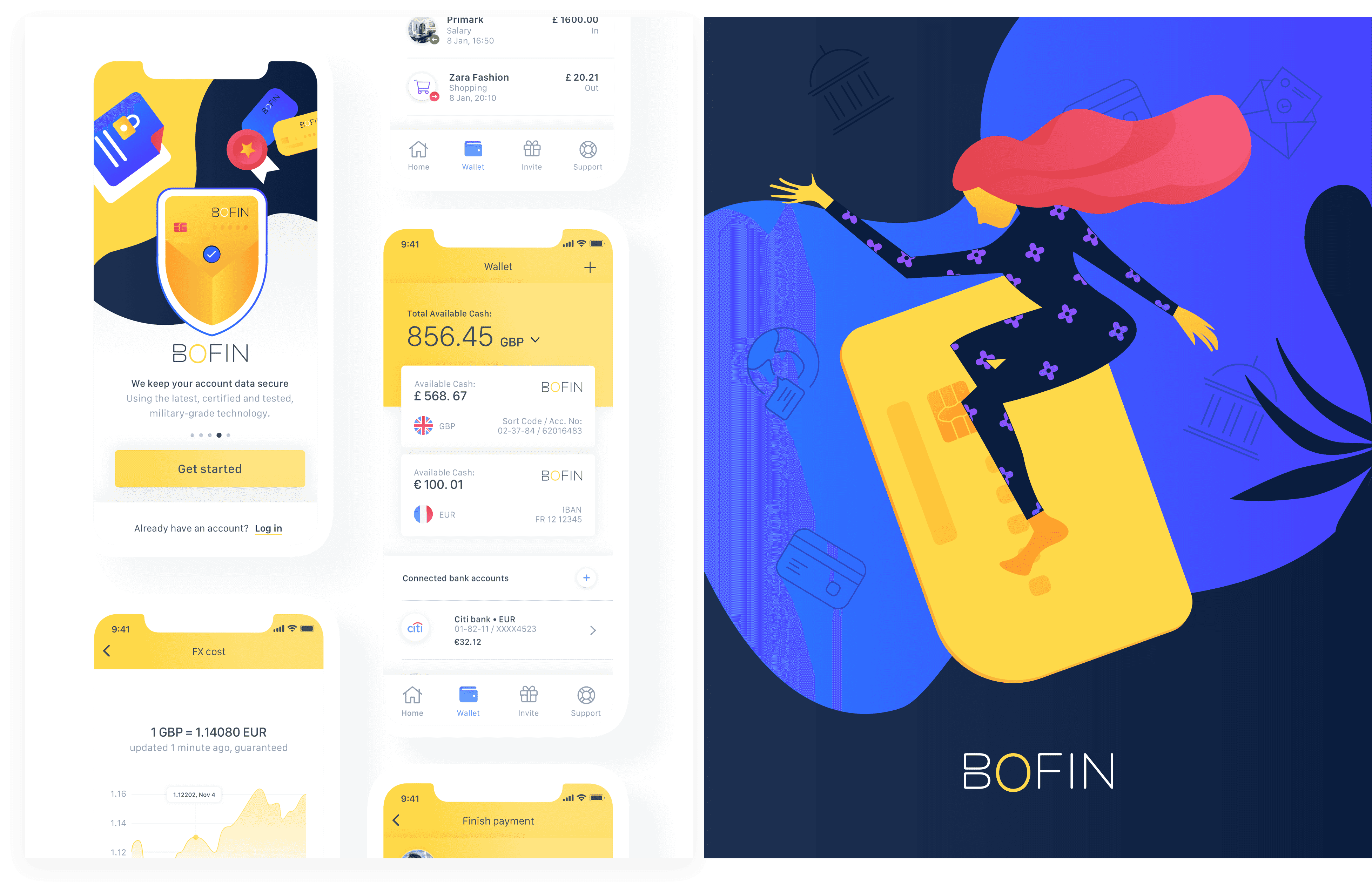 App design og illustration af fintech app side om side.