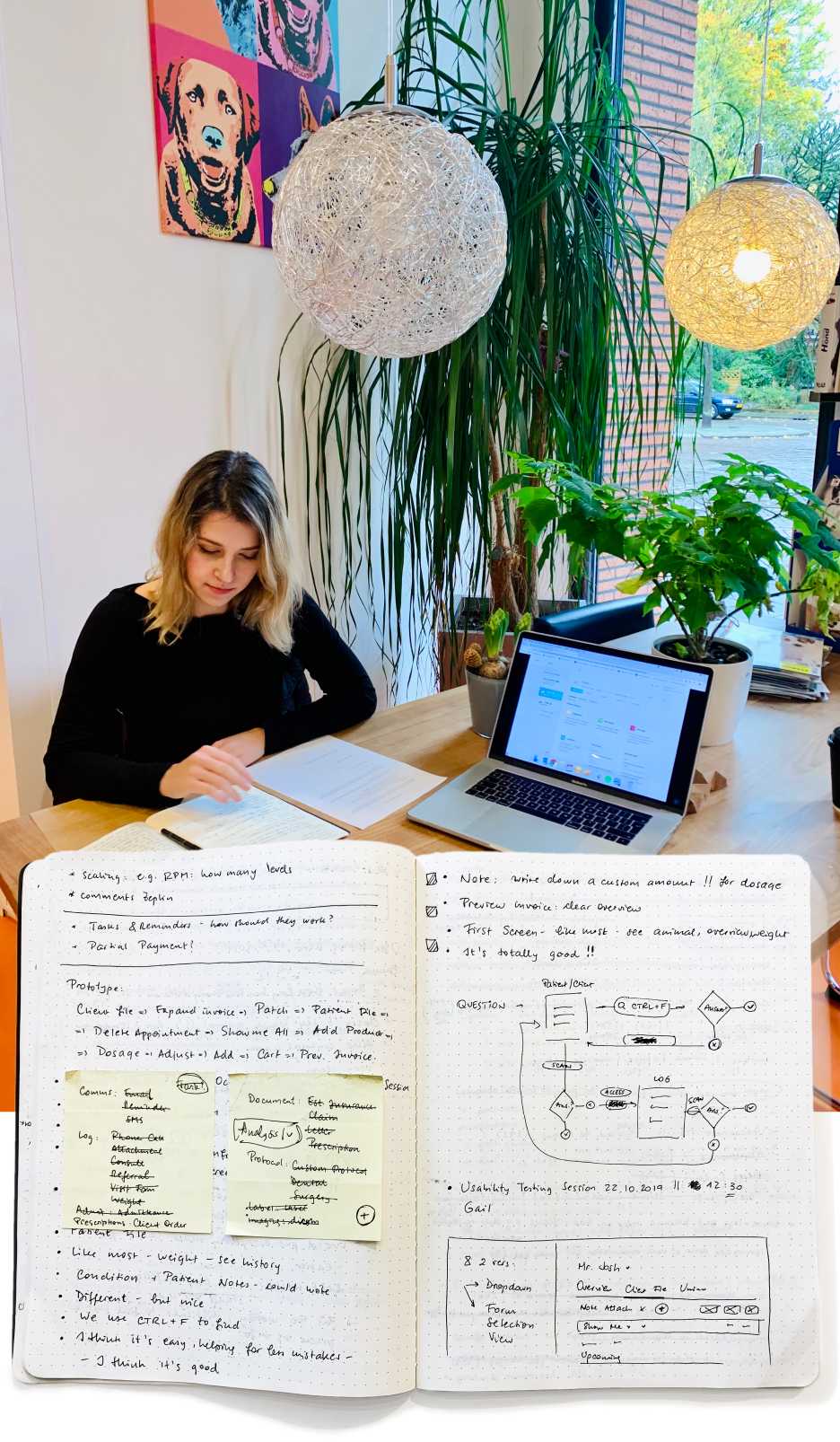Montage af UX-researcher på café i Danmark og noter taget på brugerundersøgelsestur