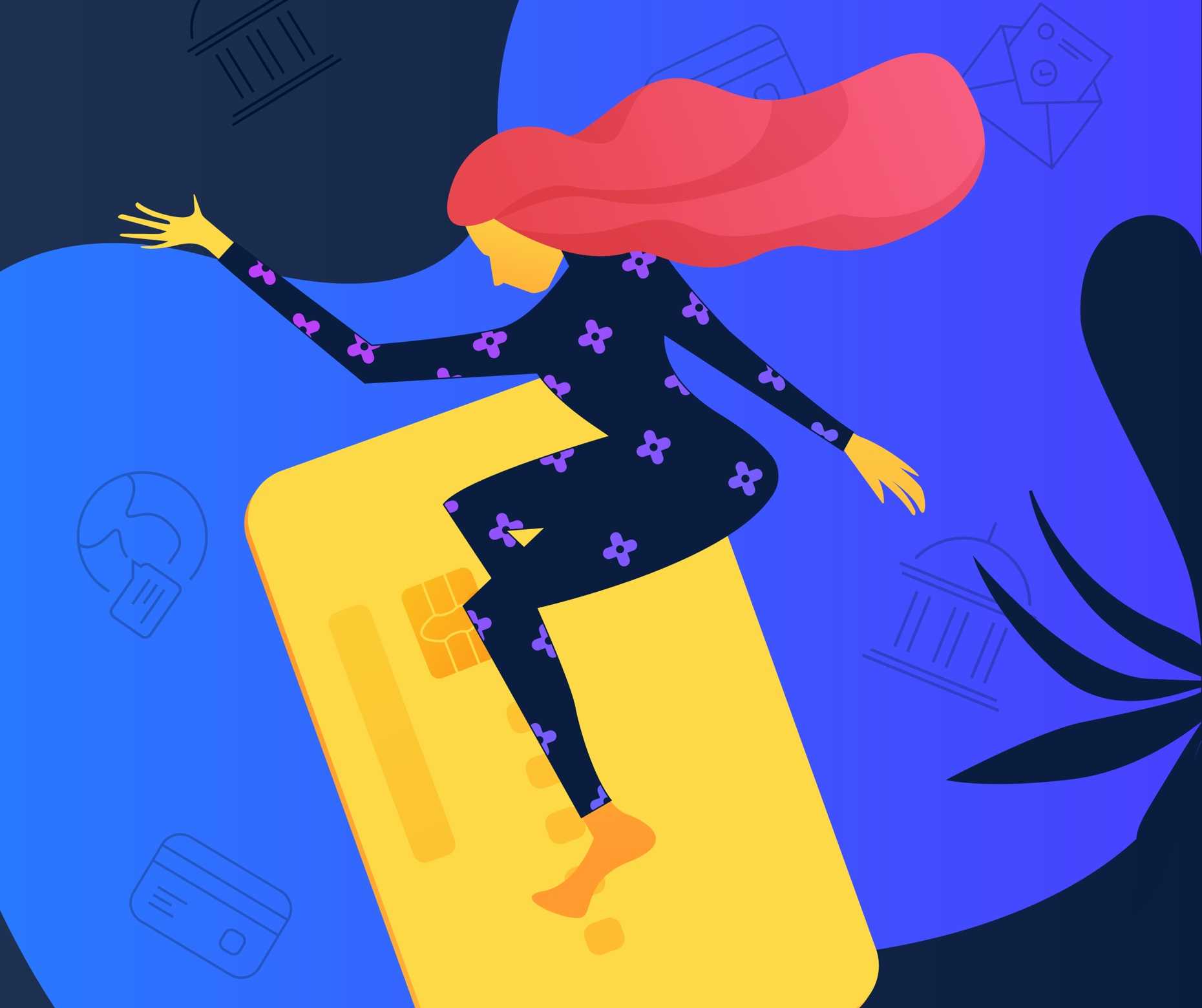 Illustration til UI til mobilapp med en kvinde, der surfer på kreditkort