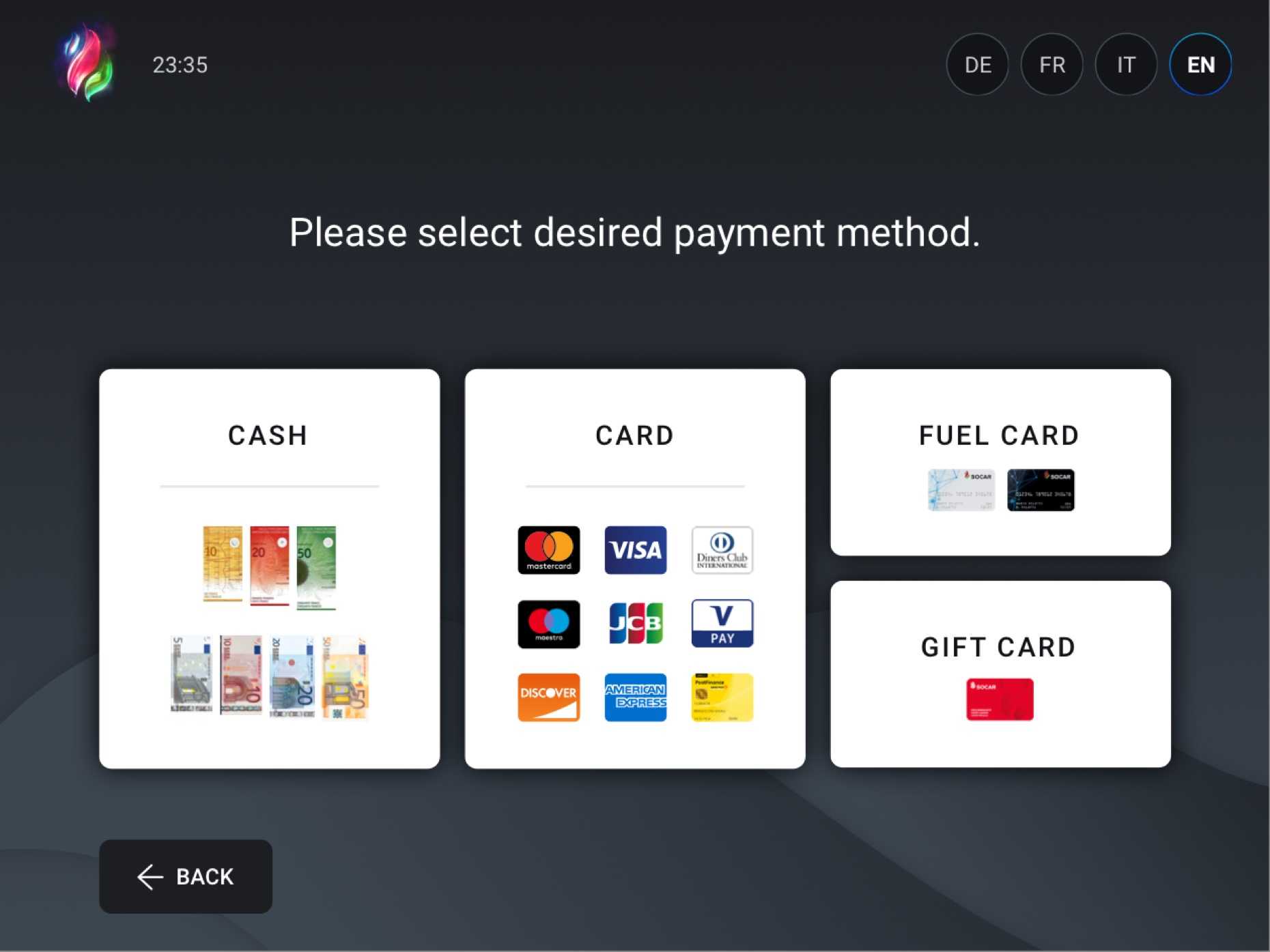 UI-design til indlejret system, hvor brugerne vælger betalingsmetode i selvbetjeningskassen