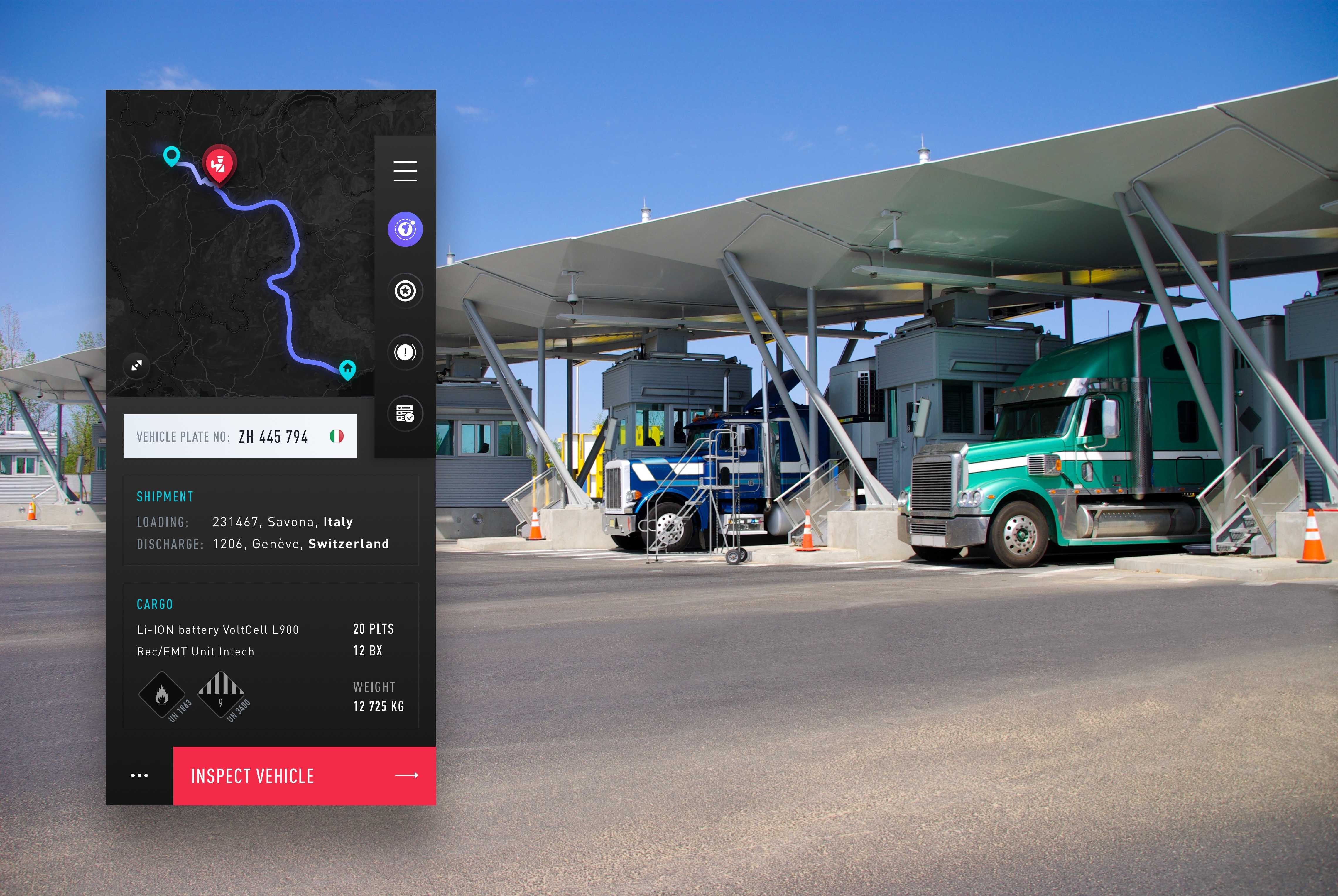 UI Design af efterretningsapplikation ved grænseovergang med lastbiler, der venter i baggrunden